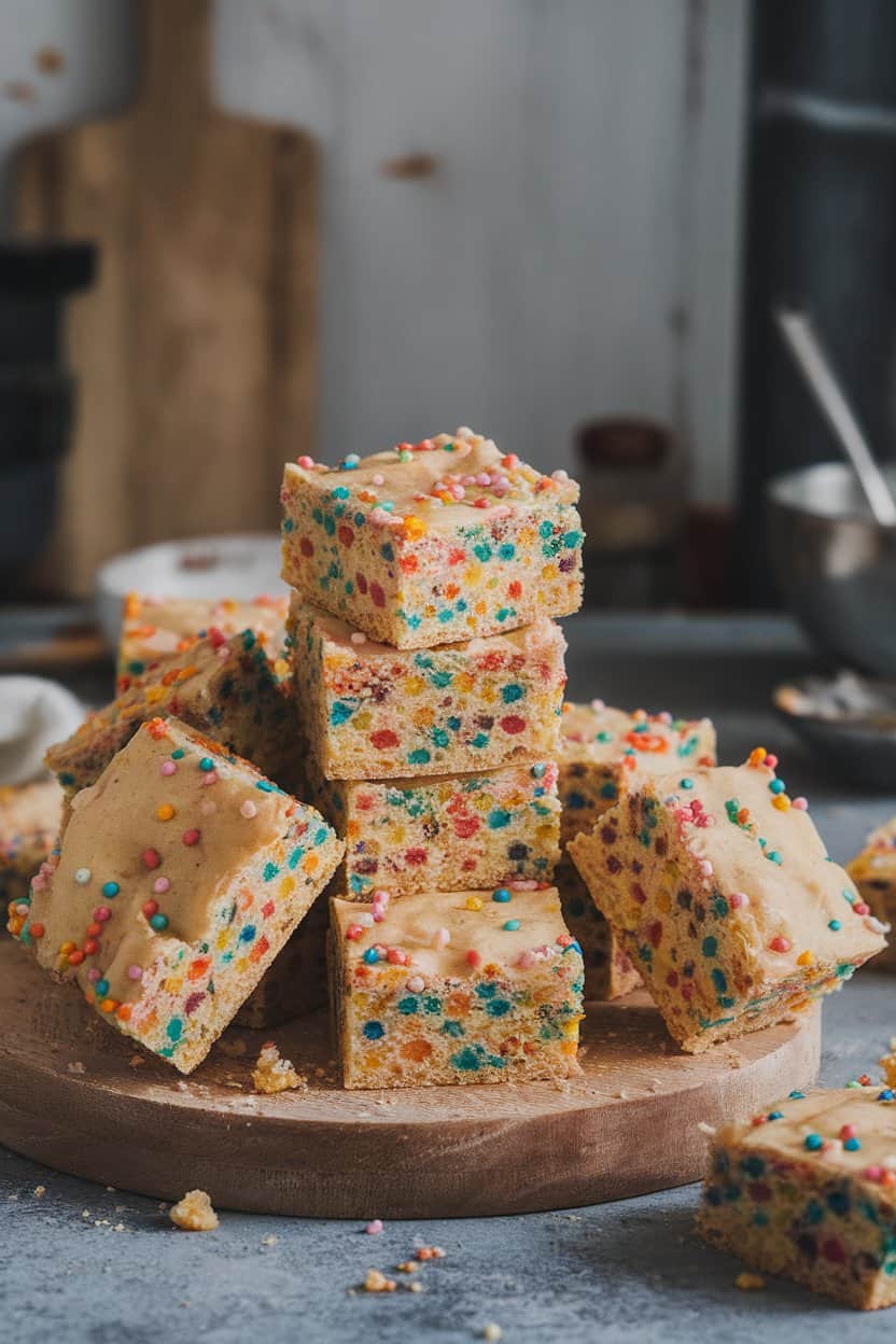 An indoor baking scene with square blondies studded with colorful sprinkles, stacked unevenly on a wooden board. No text or logos. Photo.