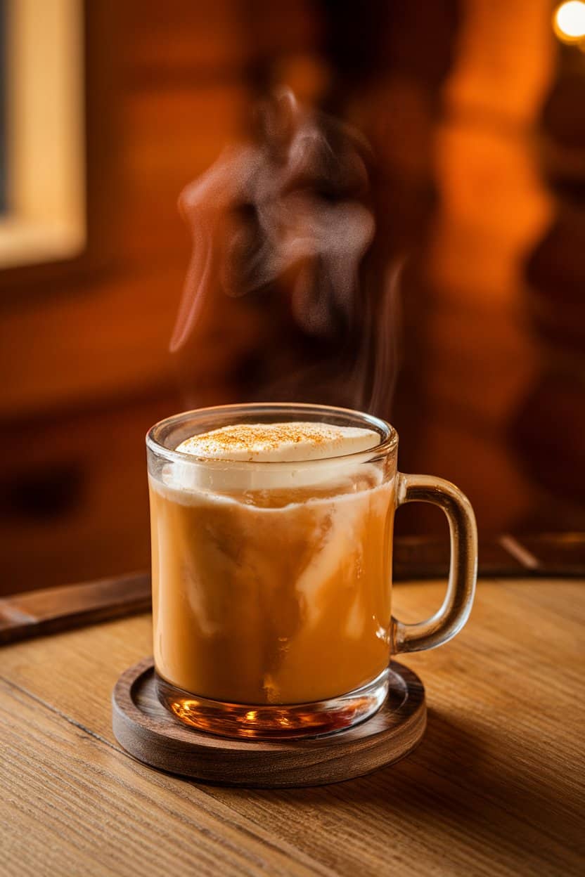 Heat-proof glass mug indoors containing steamy hot buttered rum with a melting pat floating on top, dusting of grated nutmeg; cabin-like warm lighting, no text or logos. Photo only.