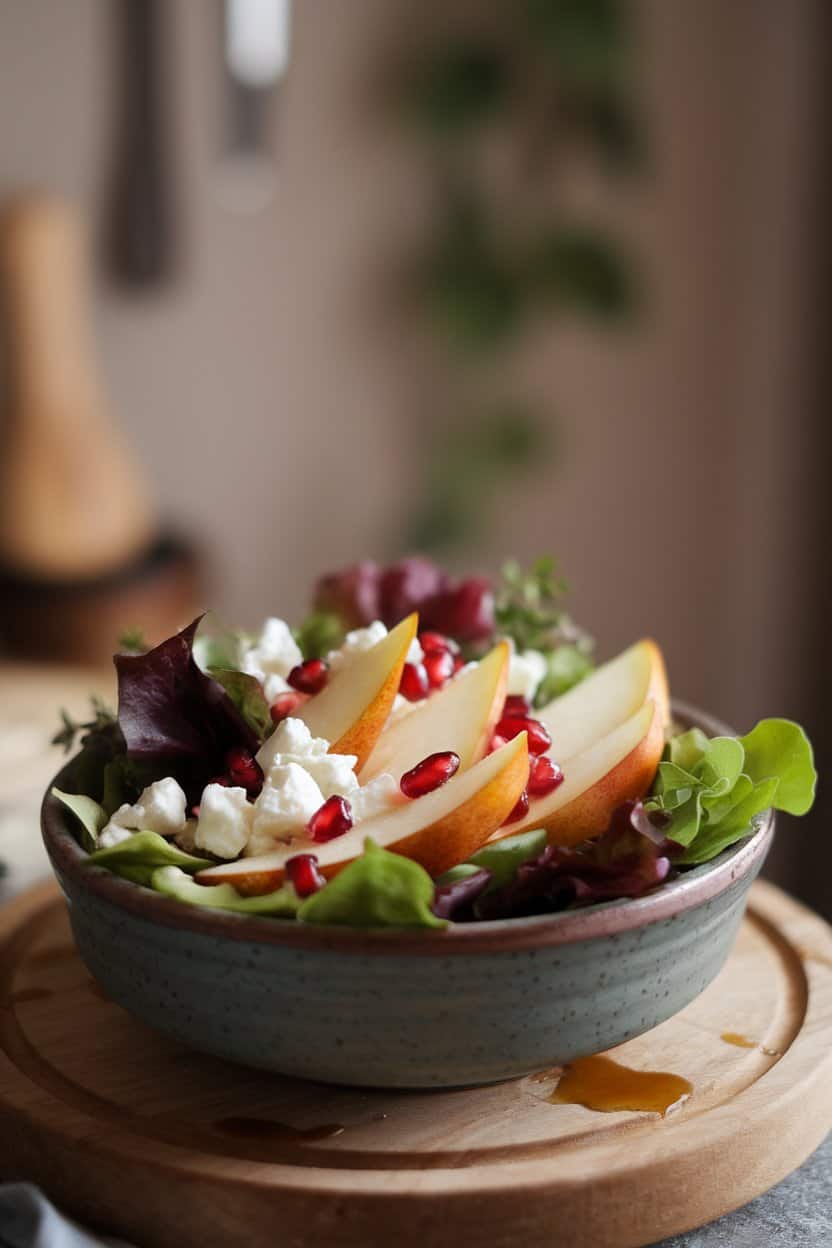 Indoor photo of a shallow ceramic bowl filled with mixed baby greens, sliced ripe pears, ruby-red pomegranate arils, and crumbled feta, lightly glistening with vinaigrette. Soft diffused lighting, no text or logos.