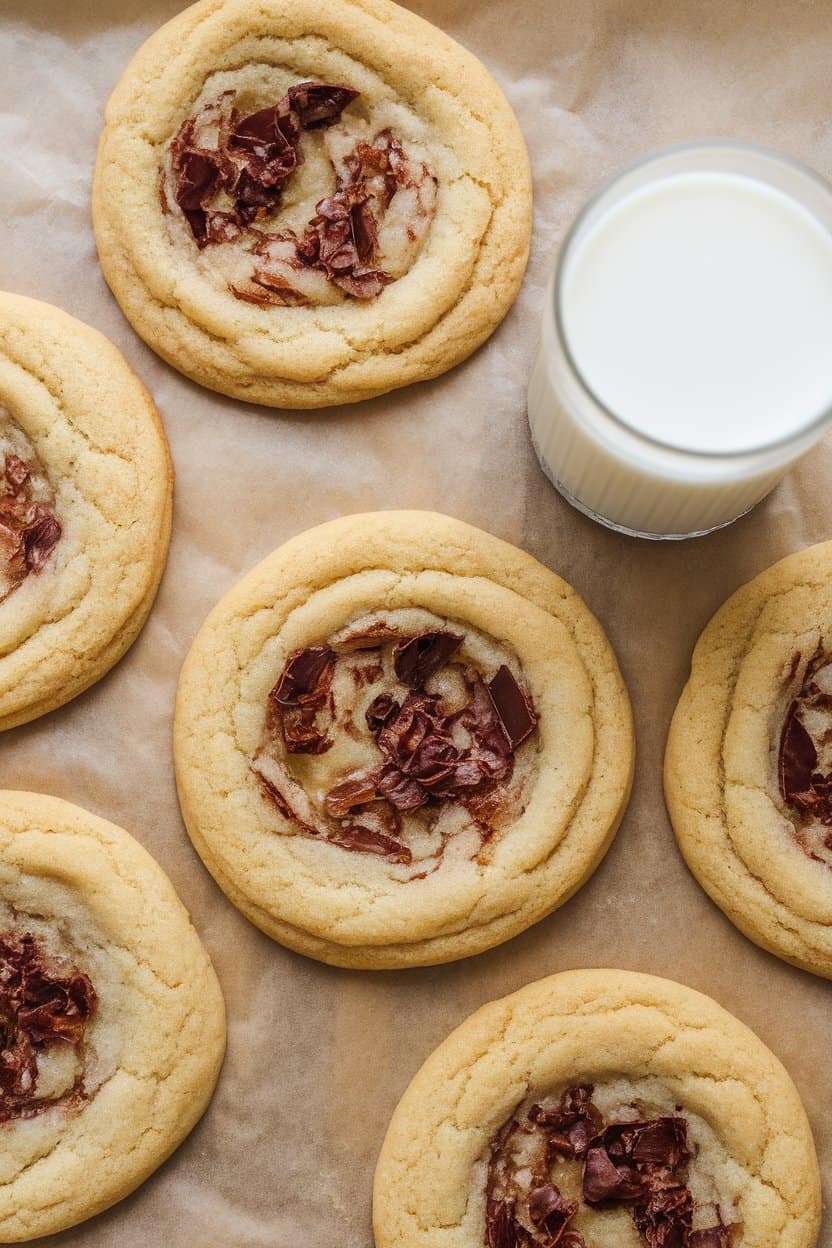 Photo taken indoors showing oversized chewy sugar cookies on parchment, centers slightly underbaked and edges set, with a glass of milk nearby. No brand markings or logos.