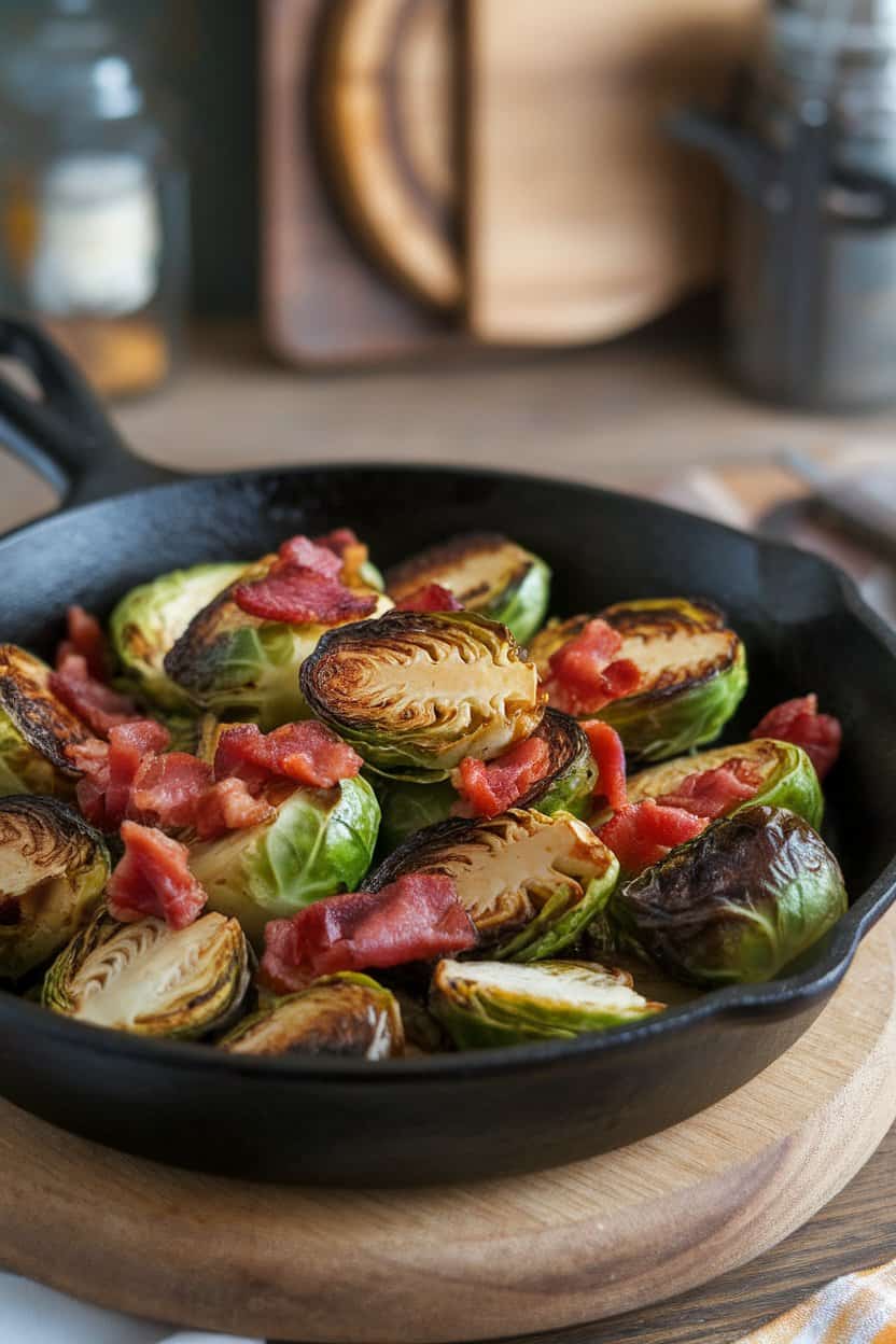 Indoor photo of caramelized Brussels sprouts halves tossed with crisp bacon pieces in a cast-iron skillet; no text or logos.
