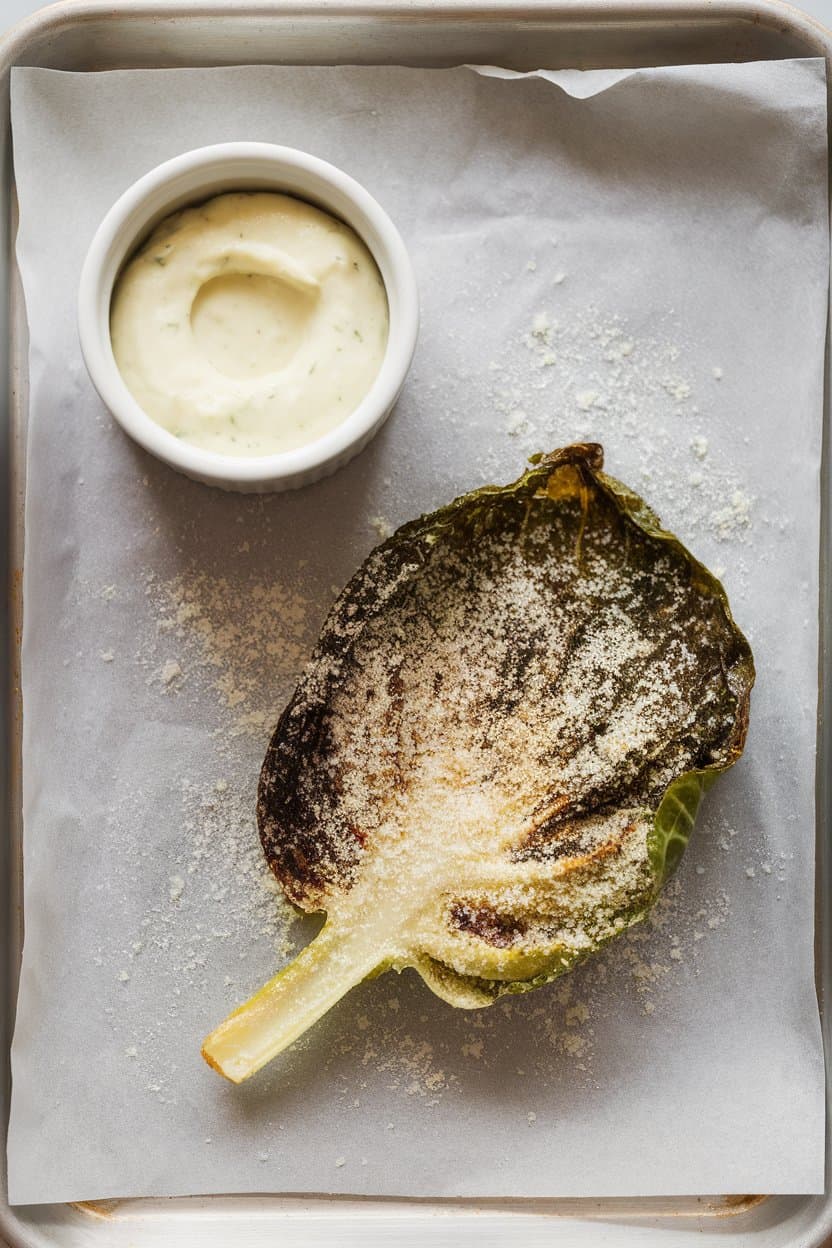 An indoor tray lined with parchment showing crispy single Brussels sprout leaves dusted with grated parmesan, positioned near a small ramekin of aioli. No text or logos, photo.