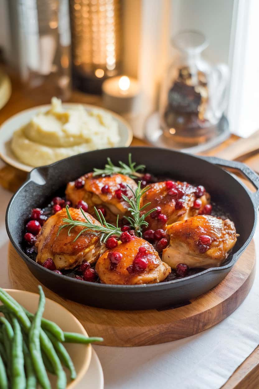 A warmly lit indoor dining table featuring a skillet of roasted chicken thighs coated in a glossy maple-cranberry glaze, garnished with rosemary sprigs. No text or logos, photo only.