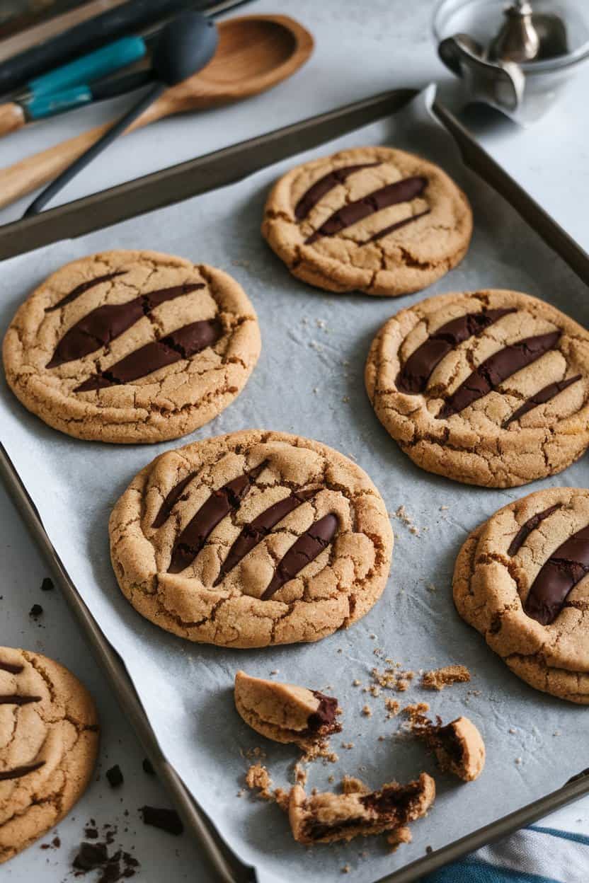 Photo of an indoor cookie sheet with oversized chocolate chunk cookies scored with fork marks to resemble claw scratches—no text or logos present.