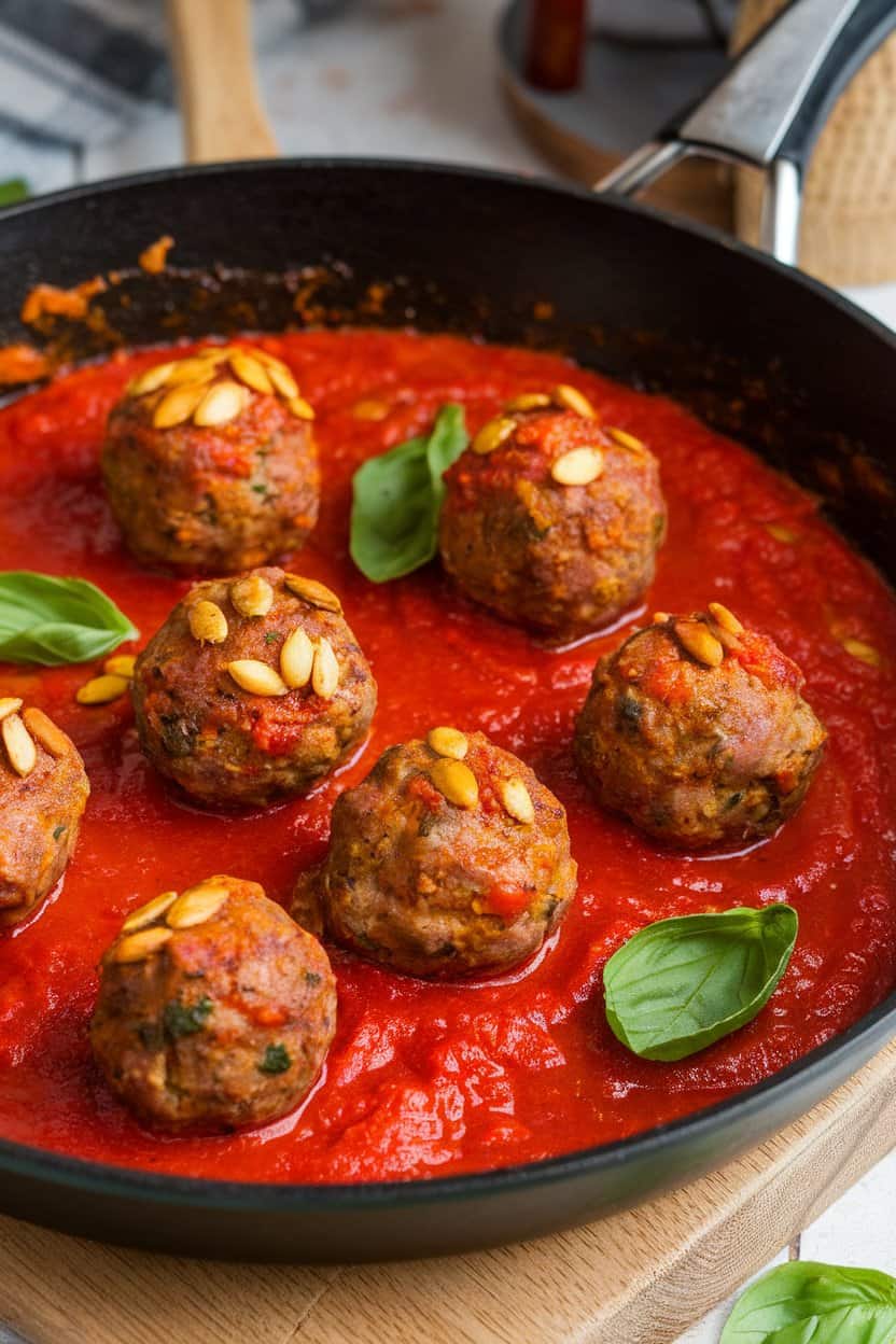 Indoor photo of pumpkin-infused turkey meatballs in a skillet with tomato sauce, garnished with fresh basil, no text or logos