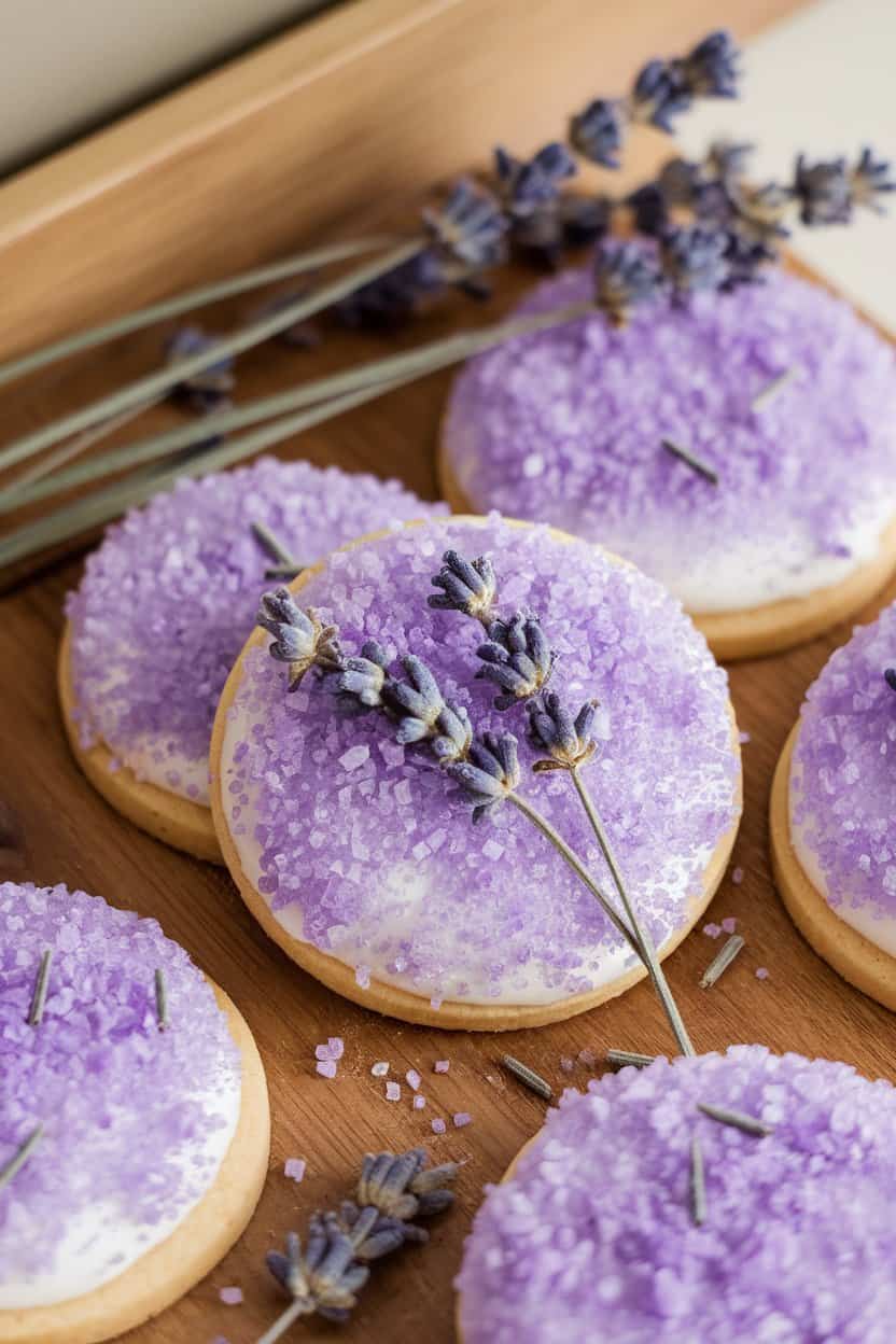 Indoor photo of lavender sugar cookies with tiny purple sugar crystals, dried culinary lavender buds scattered gently. No text or logos.