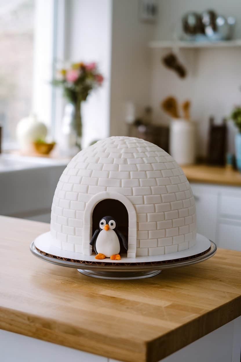 Indoor kitchen island with a dome-shaped white fondant cake scored into brick lines, tiny fondant penguins at the entrance, no text or logos.