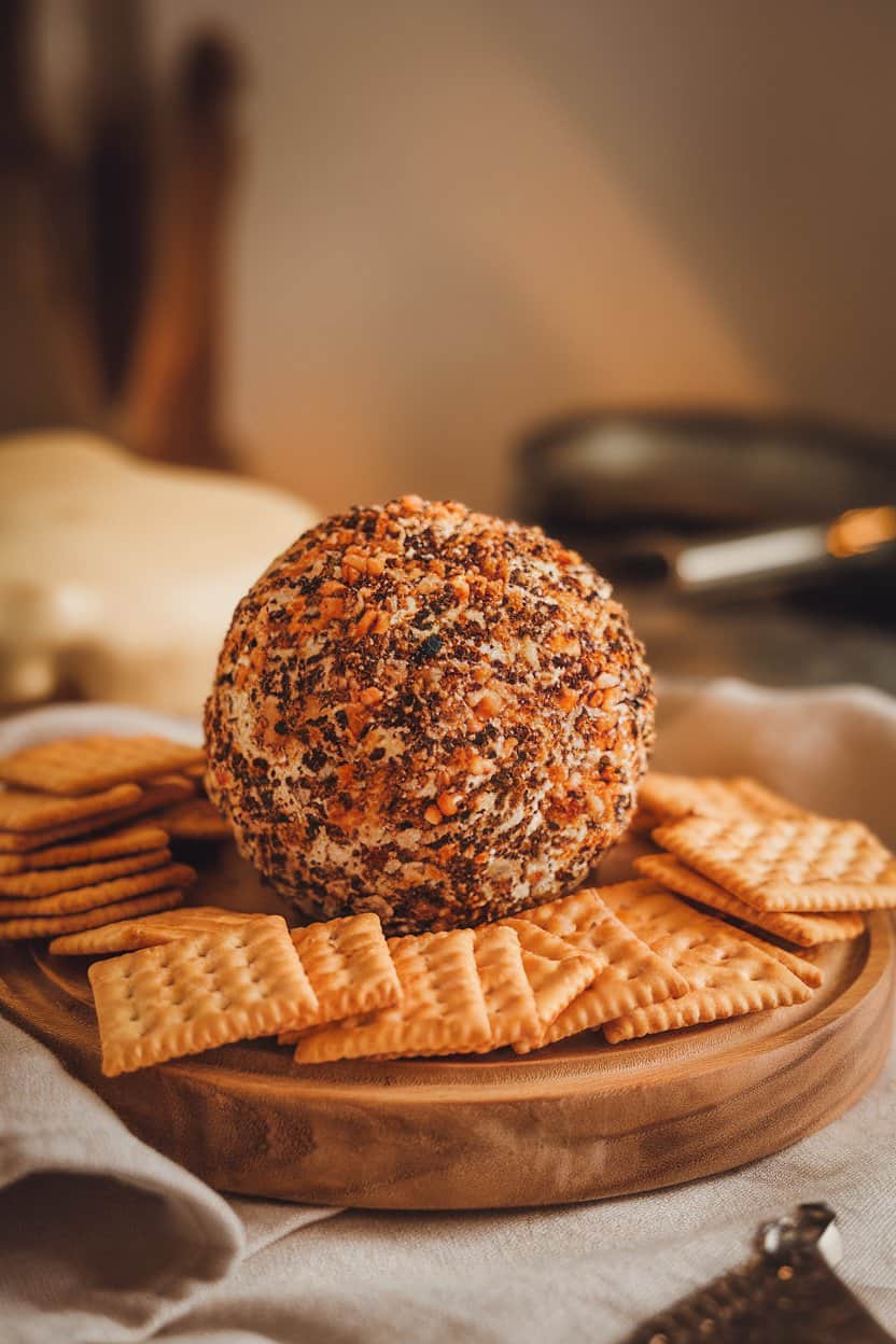 Indoor photo of a spherical cheese ball coated in everything bagel seasoning, surrounded by plain crackers on a wooden board; warm ambient light; no text or logos.