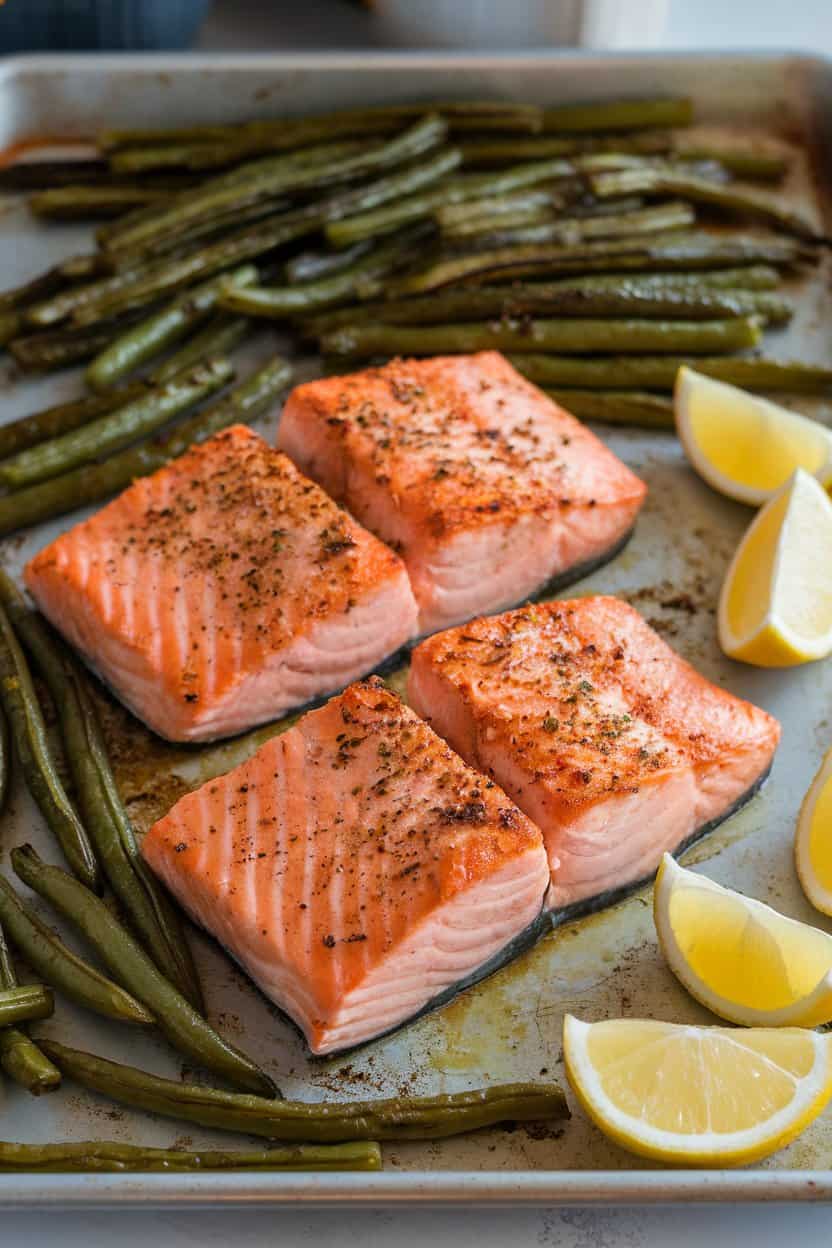 Photo of a sheet pan indoors holding cooked salmon fillets with a side of roasted green beans and lemon wedges; gentle overhead lighting, no text or logos