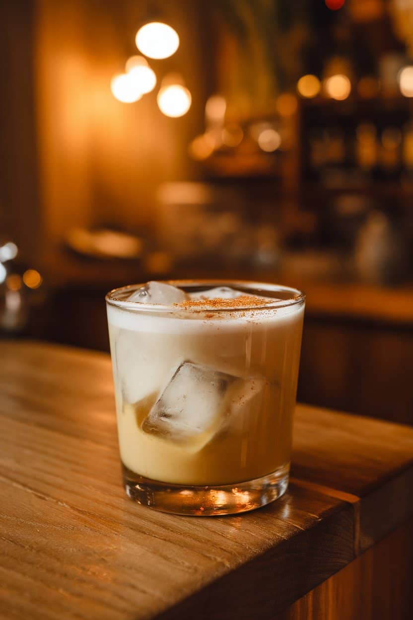 A rocks glass on an indoor wooden counter containing a creamy pumpkin spice white Russian, ice cubes visible, sprinkled with nutmeg; cozy ambient lighting, no text or logos. Photo only.