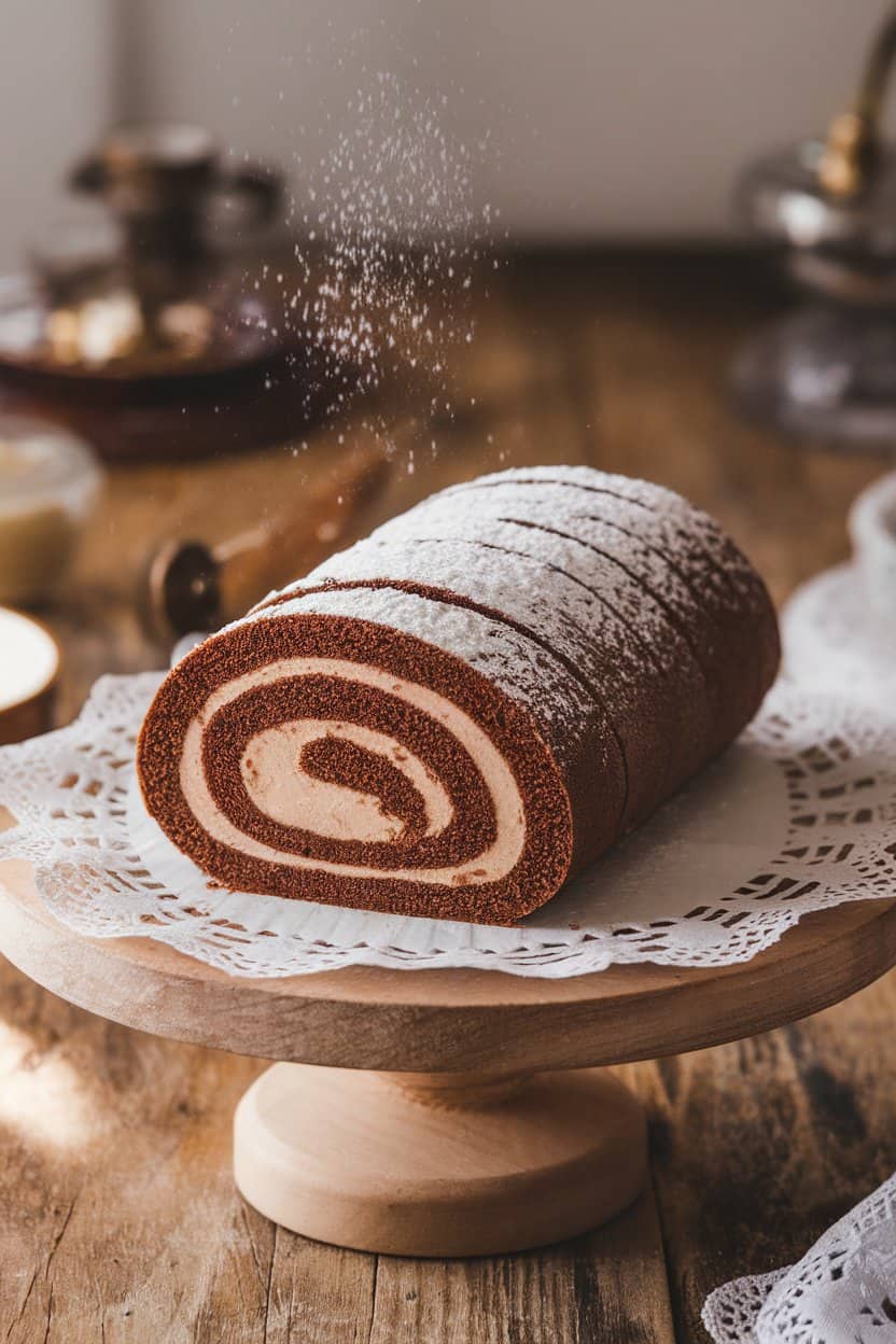 Indoor photo of a sliced chocolate sponge roll filled with hazelnut cream, dusted with powdered sugar “snow,” on a wooden cake stand; no text or logos.