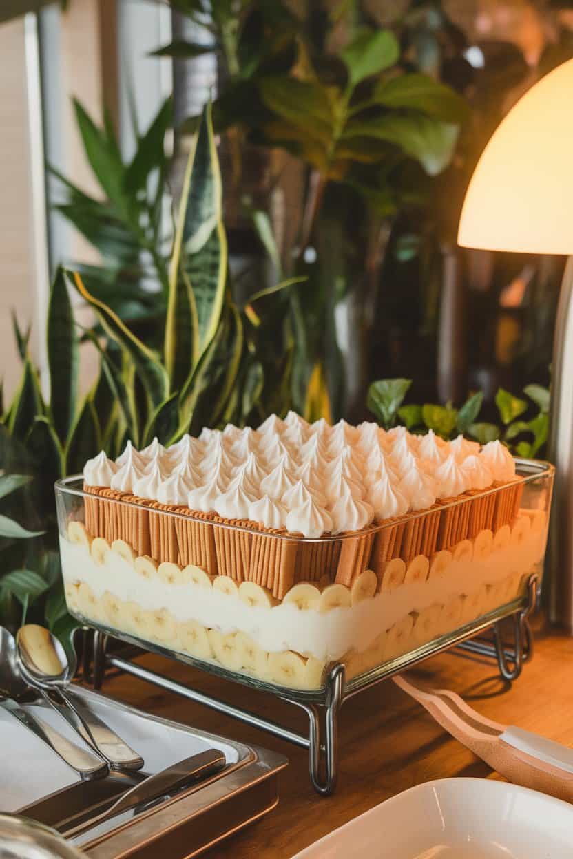 An indoor buffet scene with a rectangular glass dish showing layers of vanilla wafers, banana slices, and creamy pudding, topped with piped whipped topping. No text or logos. Photo.