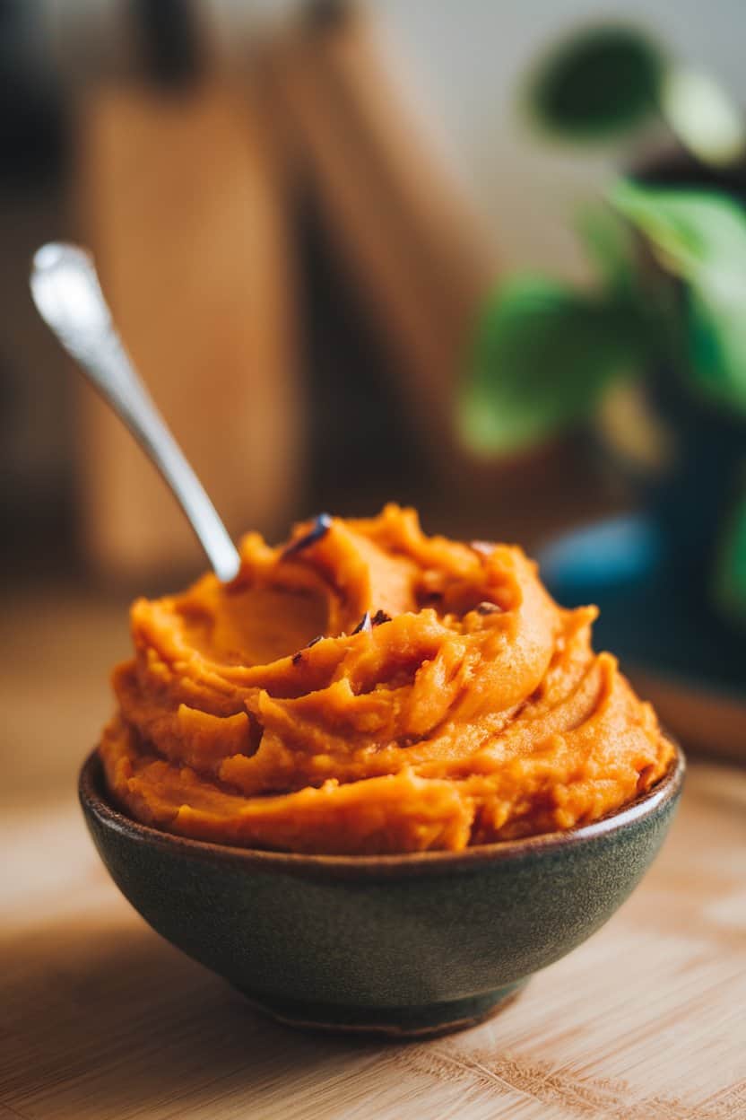 Indoor photo of a bowl of silky mashed sweet potatoes with visible flecks of roasted garlic, a spoon tucked in, no text or logos