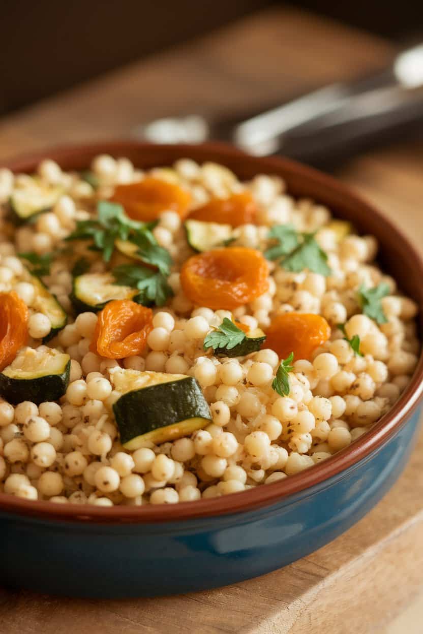 Indoor photo of fluffy pearled couscous dotted with diced roasted zucchini, dried apricots, and parsley in a wide ceramic dish. No text or logos.