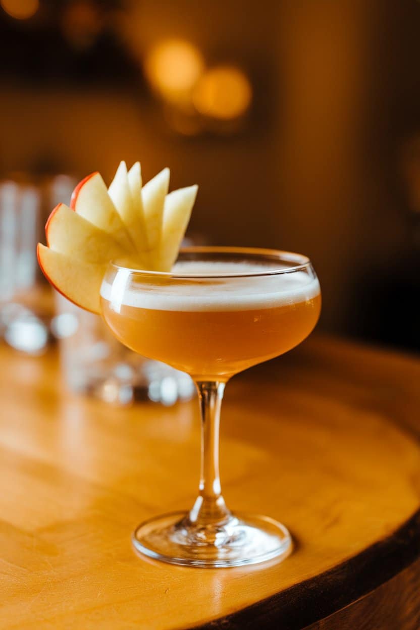 Coupe glass indoors filled with frothy applejack sour, thin apple slice fanned on rim; golden ambient light, no text or logos. Photo only.