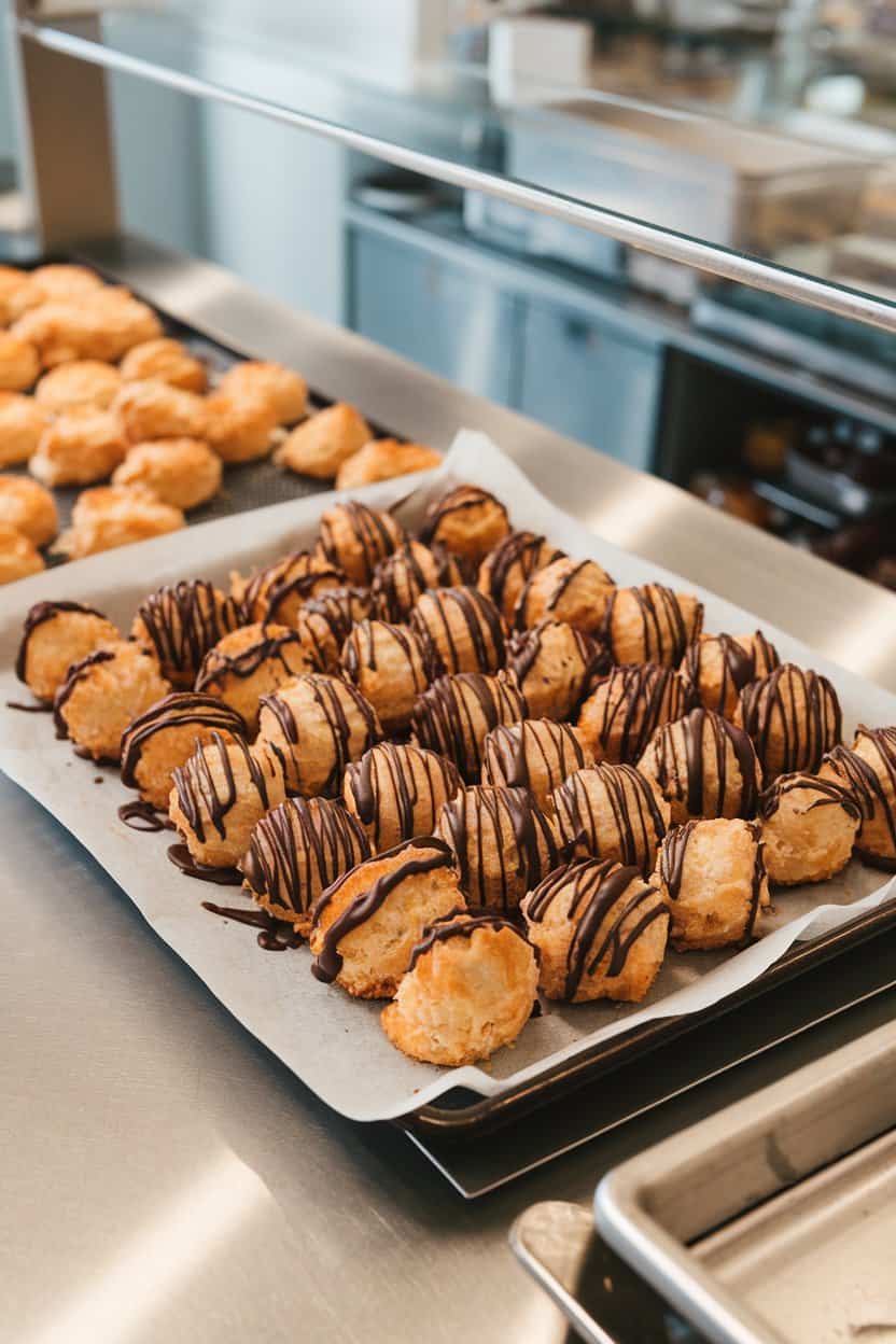 An indoor bakery counter view with toasted coconut macaroons drizzled in dark chocolate, perched on a parchment-lined tray. No text or logos. Photo.