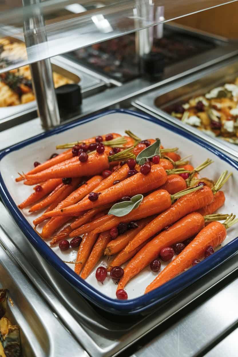 An indoor buffet line with a ceramic platter of glazed roasted carrots, cranberries and sage leaves scattered on top. No text or logos, photo only.