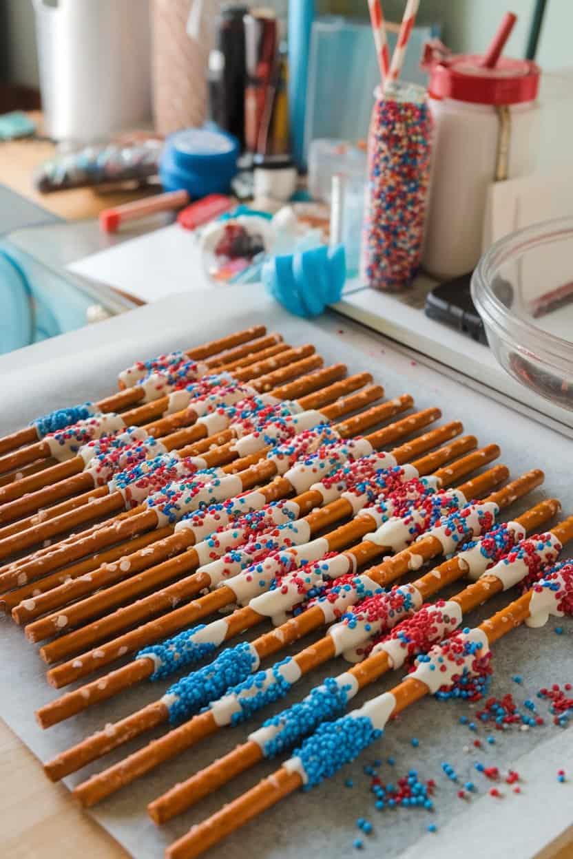 An indoor craft table with long pretzel rods half-dipped in white chocolate and sprinkled with red and blue nonpareils, arranged on wax paper. No text or logos. Photo.