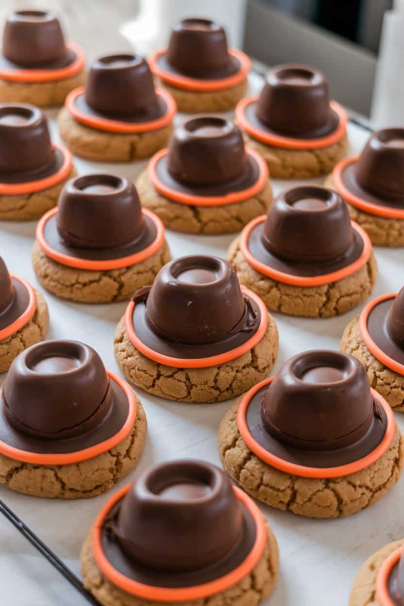 Photo of an indoor table with peanut butter cookies topped with inverted chocolate-kiss “hats,” each ringed by orange icing to mimic a hat band—no text or logos present.