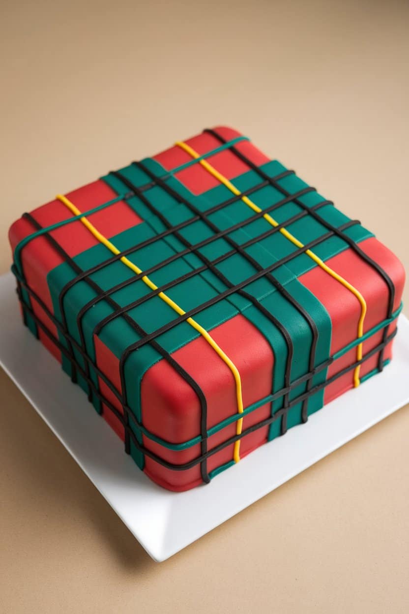 Indoor photo of a square cake wrapped in red fondant with green and black fondant strips creating a tartan pattern, no text or logos.