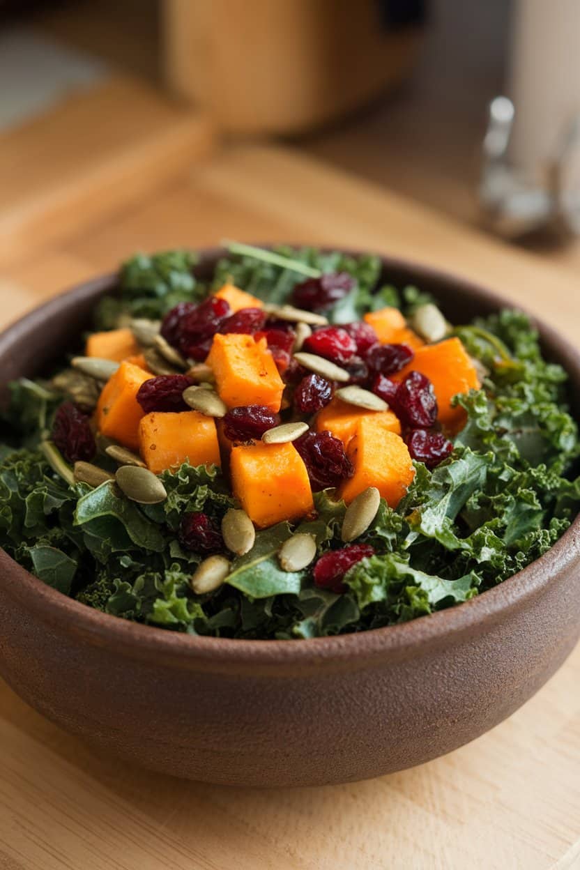 Indoor photo of massaged kale ribbons topped with roasted sweet-potato cubes, dried cranberries, and pumpkin seeds in a deep stoneware bowl. No text or logos.