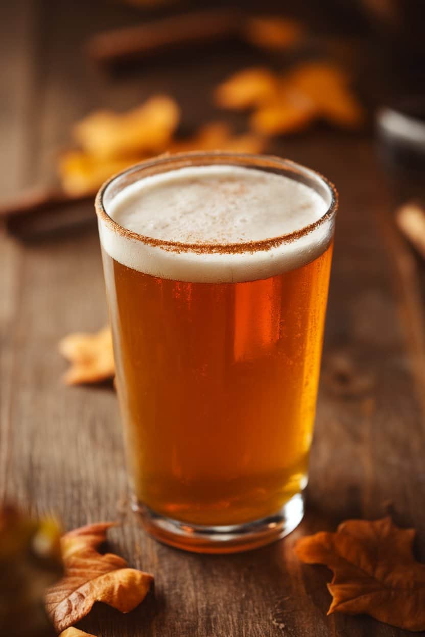 Chilled pint glass indoors holding frothy pumpkin ale, rim dipped in cinnamon sugar, background of scattered leaves; pub-style lighting, no text or logos. Photo only.