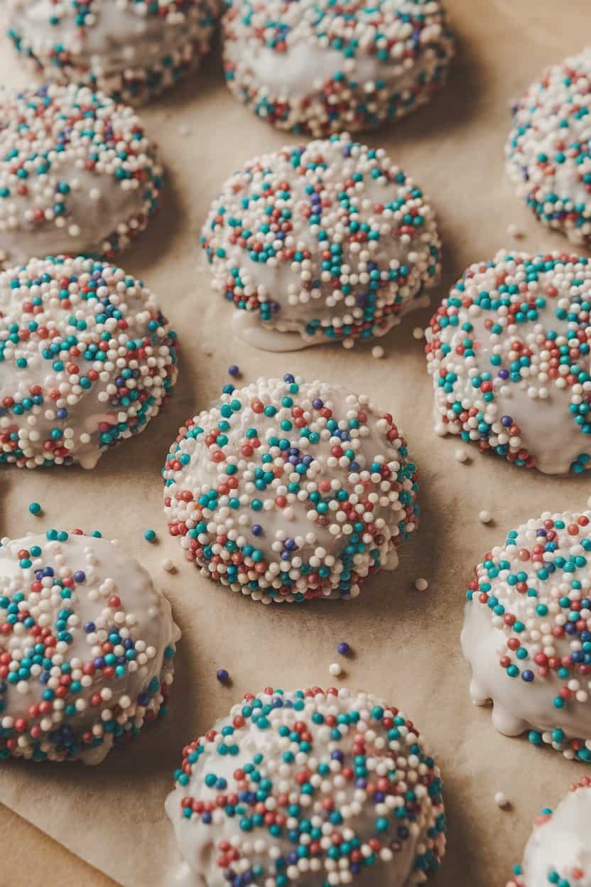 Indoor shot of round cookies coated in white glaze and covered with multicolored nonpareils, scattered on parchment paper. No branding.