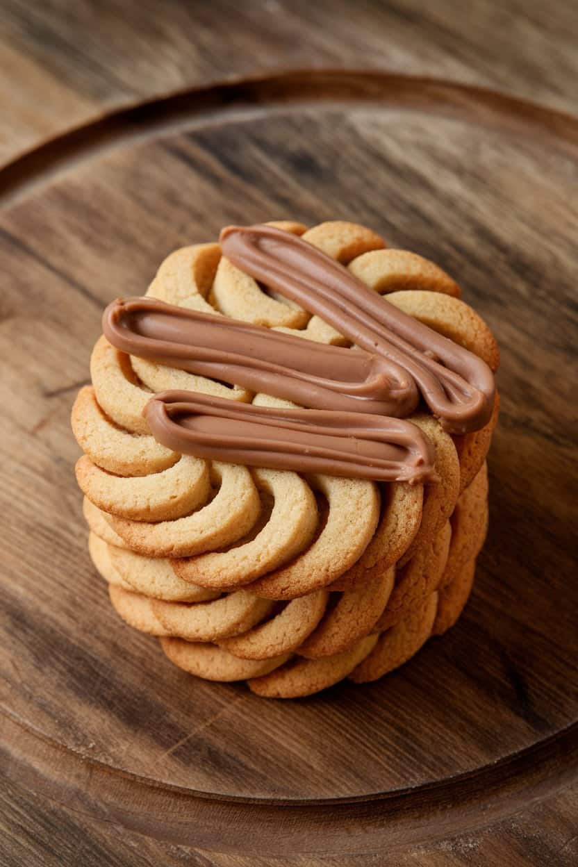 Photo prompt: Indoor scene with swirl-patterned cookies studded with hazelnut spread ribbons, overhead angle, no text or logos.