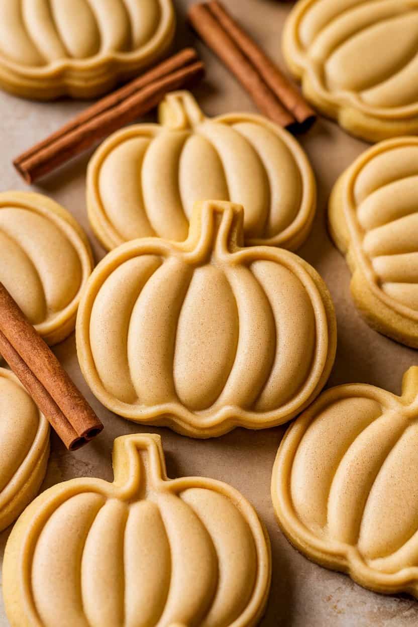 Indoor photo of pumpkin spice sugar cookies shaped like small pumpkins, lightly iced, cinnamon sticks nearby. No logos.