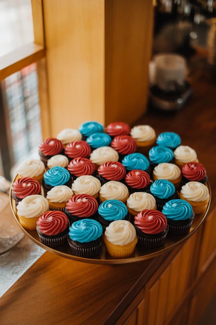 A warmly lit indoor counter displaying red velvet, vanilla, and blueberry cupcakes arranged in a bouquet pattern on a round platter, swirled buttercream frosting in red, white, and blue shades. No text or logos. Photo.