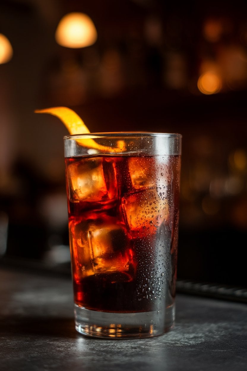 Tall glass indoors showing dark spiced rum and cola over cubed ice, thin orange peel inside, subtle condensation; dim bar-style lighting, no text or logos. Photo only.