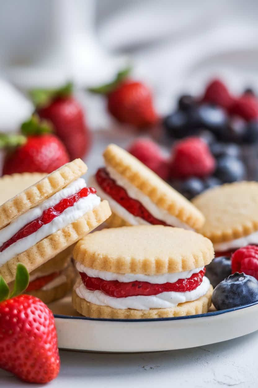 Indoor photo featuring sandwich sugar cookies filled with strawberry jam and a thin layer of whipped cream, fresh berries blurred in background. No logos.