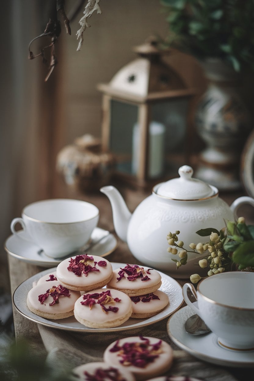 Photo prompt: Indoor tea setting with pale cardamom rose cookies topped with dried edible rose petals, soft diffused light, no text or logos.