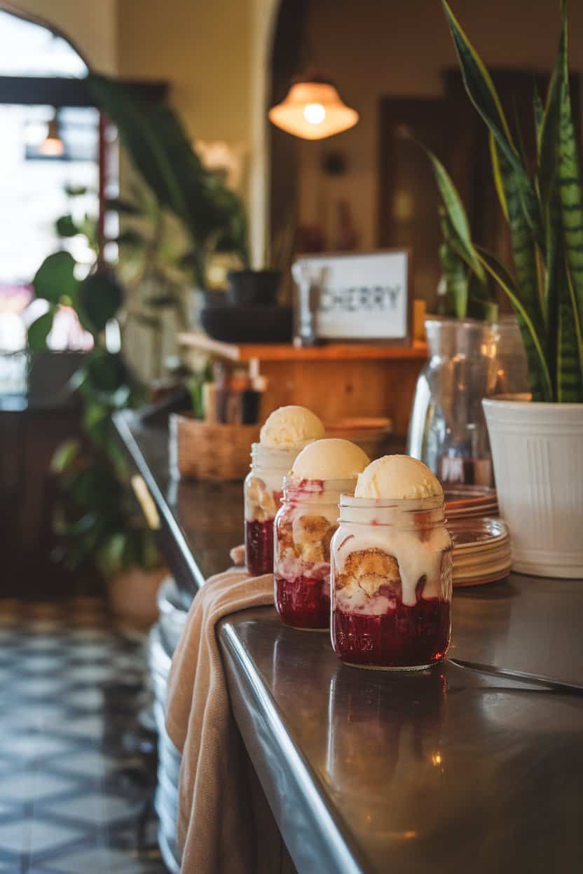 A warmly lit indoor counter with individual mason jars filled with bubbling cherry cobbler and a scoop of melting vanilla ice cream on top. No text or logos. Photo.