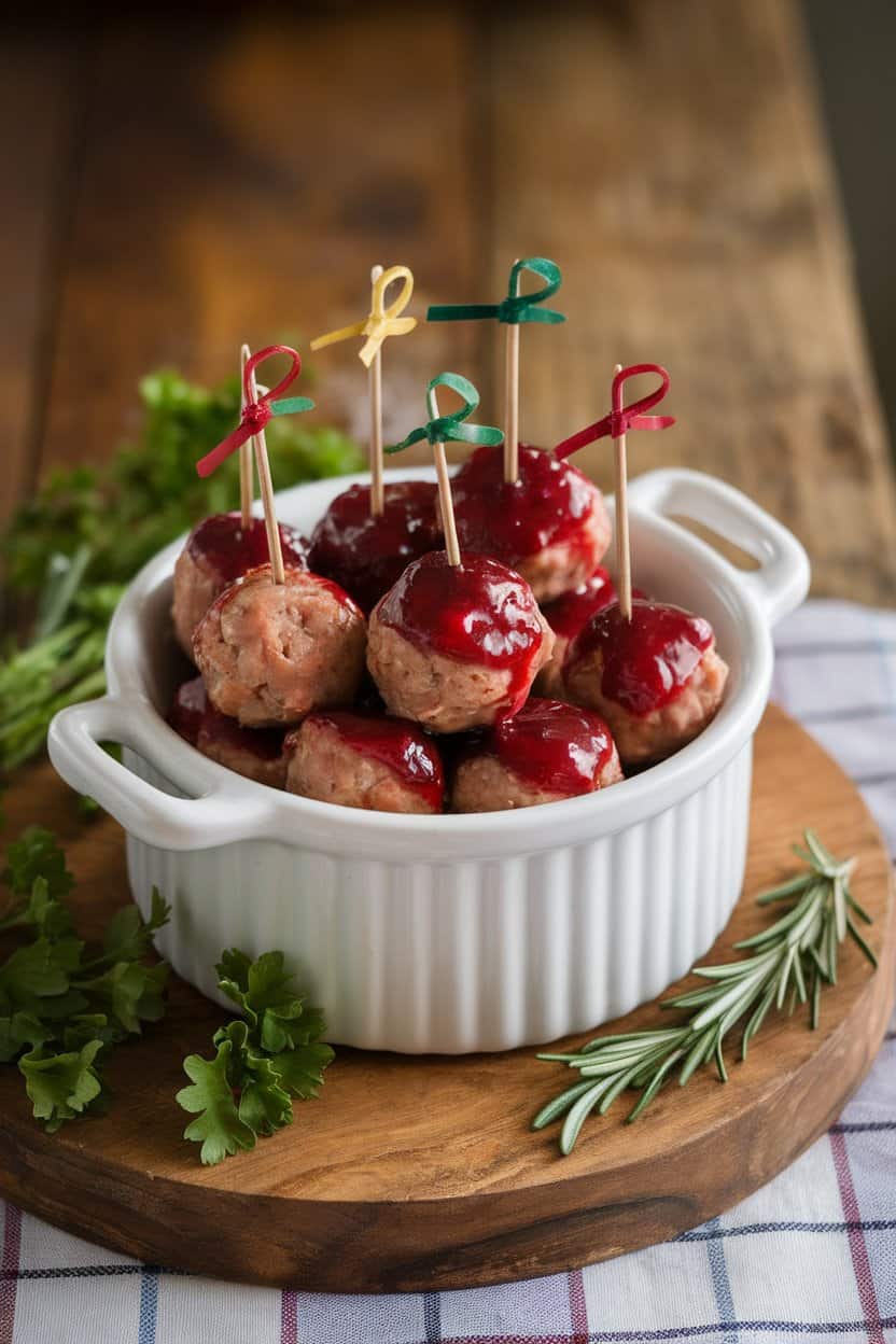 A white ceramic serving dish indoors holding small turkey meatballs coated in glossy cranberry glaze, festive toothpicks inserted. No text or logos, photo.