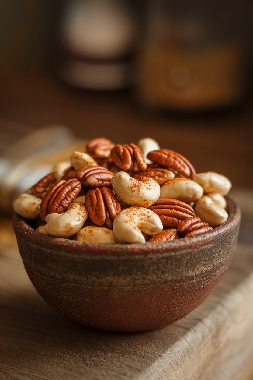 Indoor close-up of a rustic bowl filled with glazed mixed nuts—pecans, almonds, and cashews—lightly dusted with chili powder. Soft lamplight, no text or logos. Photo, not illustration.