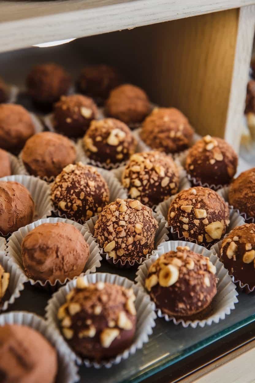 An indoor confectionery display with round chocolate truffles rolled in finely chopped hazelnuts and cocoa powder, nested in paper cups. No text or logos. Photo.