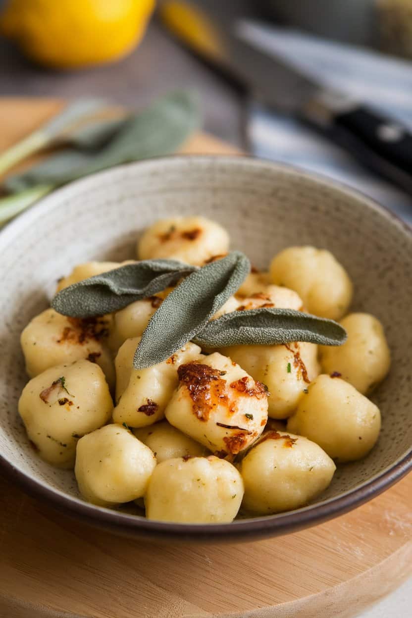 Indoor photo of a shallow bowl of potato gnocchi coated in sage brown butter, flecks of crispy sage leaves visible, no text or logos