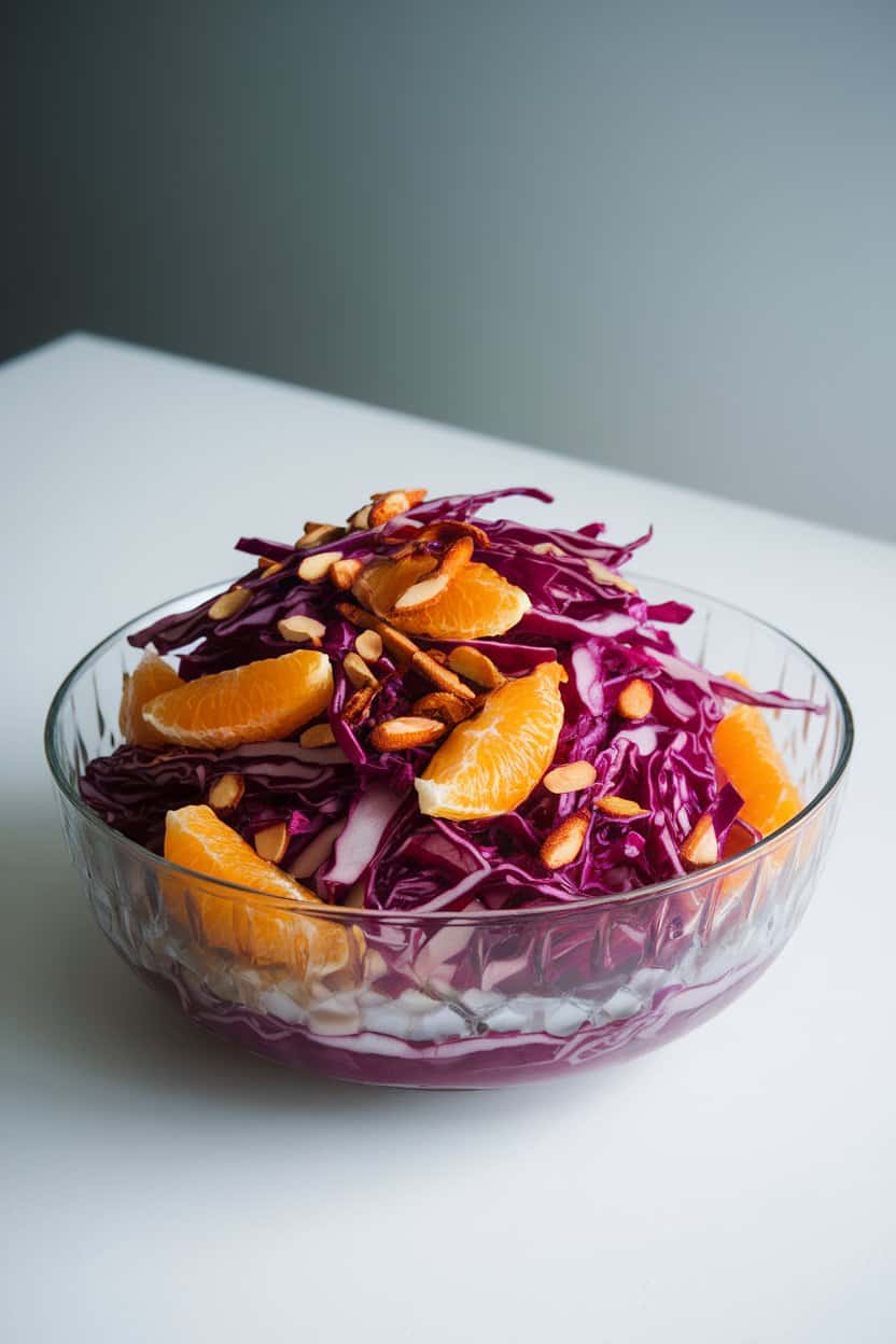 Indoor photo of thinly sliced red cabbage tossed with mandarin orange segments and toasted slivered almonds in a light dressing, served in a deep glass bowl. No text or logos.