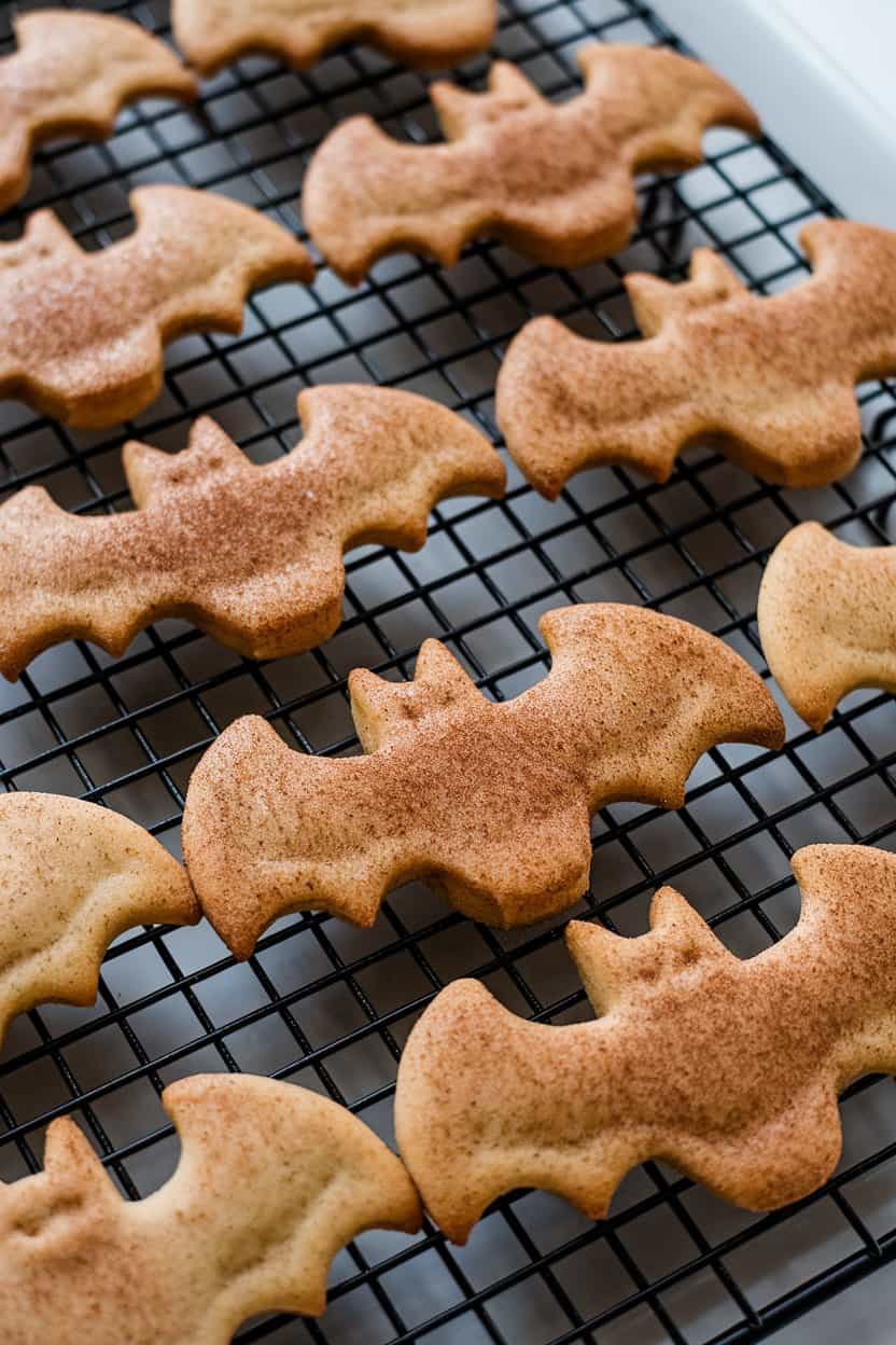 Photo of an indoor cookie sheet holding bat-shaped snickerdoodles dusted in cinnamon sugar, cooling on a rack—no text or logos.