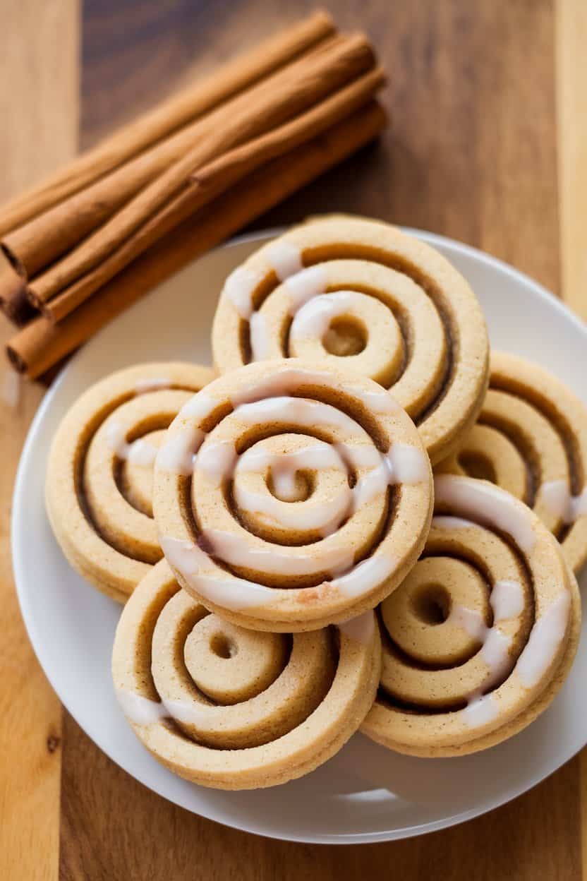 Photo taken indoors showing spiral sugar cookies with visible cinnamon filling and a light drizzle of glaze, set beside a cinnamon stick bundle. No logos.
