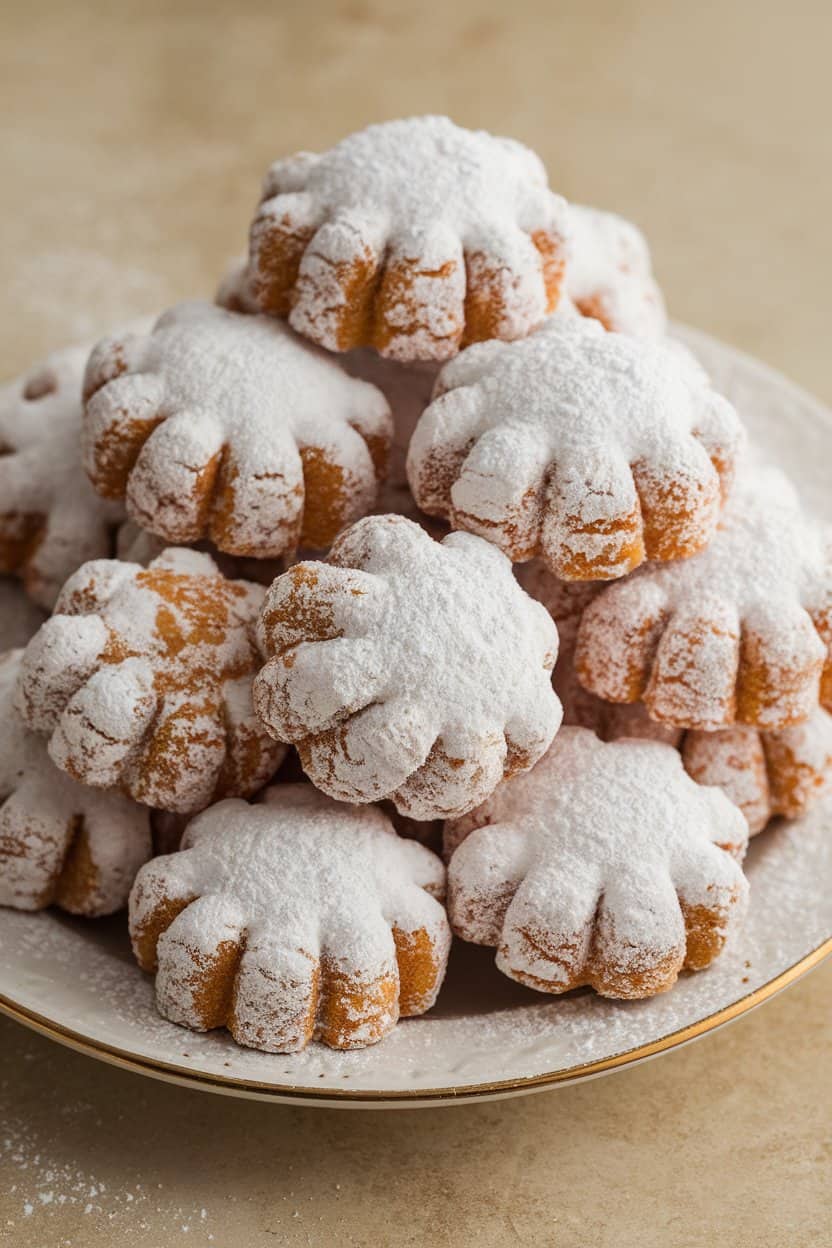 Photo prompt: Indoor tabletop with a small mountain of powdered-sugar coated Mexican wedding cookies, delicate crumb visible, no text or logos.