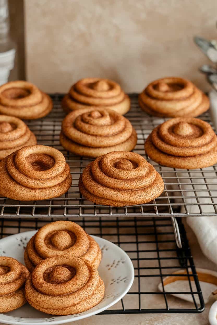 Indoor photo of a cooling rack filled with chai-spiced snickerdoodle cookies coated in cinnamon sugar, no text or logos