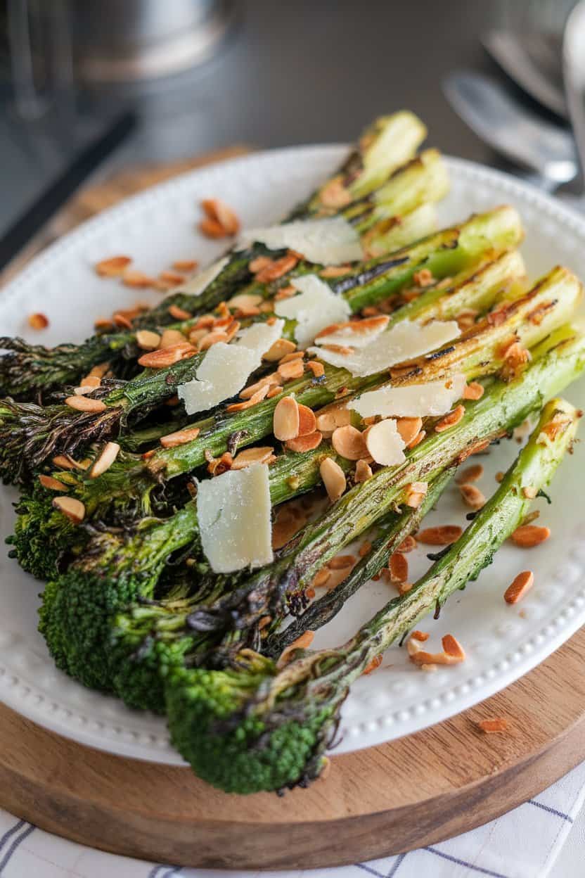 Indoor photo of lightly charred broccolini stems with toasted almond slivers and shaved Parmesan on a white platter. No text or logos.