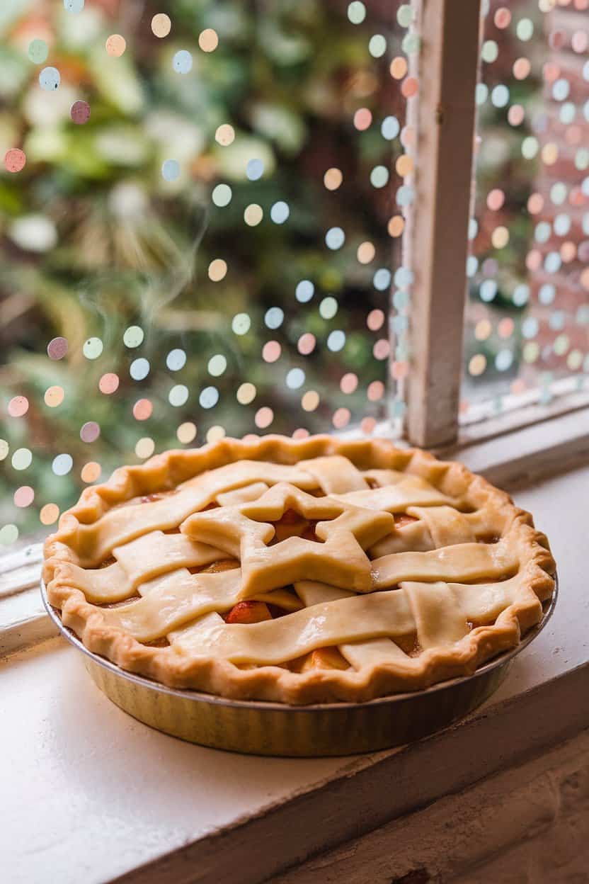 An indoor windowsill scene with a golden apple pie, top crust cut into star shapes, lattice weave visible, steam rising gently. No text or logos. Photo.