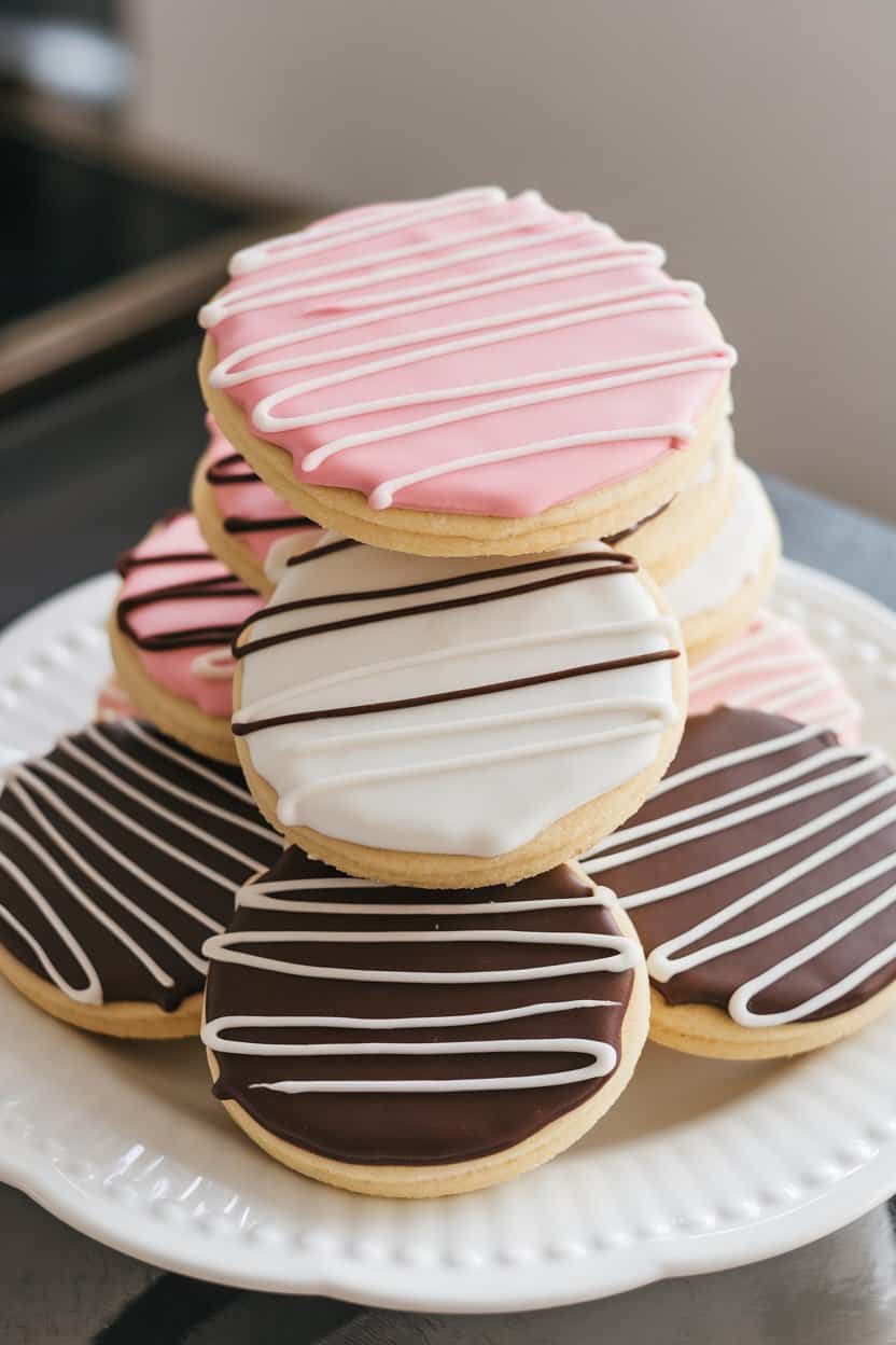 An indoor plate showing pink, white, and chocolate striped sugar cookies stacked neatly, resembling the classic ice cream trio. No text or branding.