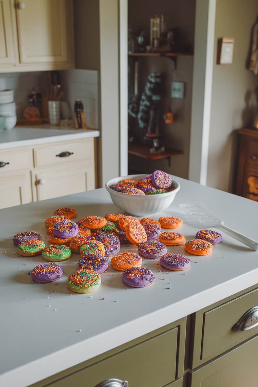 Photo of an indoor kitchen island scattered with colorful sprinkle-filled cookies in Halloween hues of purple, green, and orange—no text or logos.