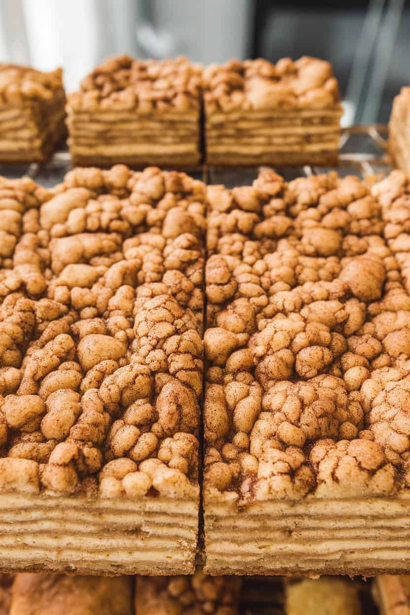 An indoor bakery display with layered snickerdoodle bars, cinnamon-sugar crumble topping visibly crackled, cut into even squares. No text or logos. Photo.
