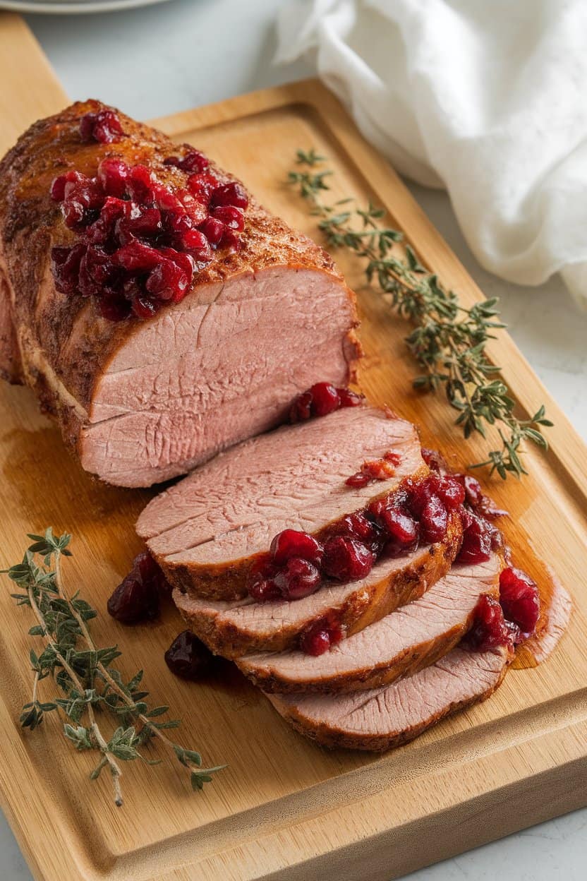 An indoor carving board displaying sliced pork tenderloin coated in a glossy cranberry-mustard sauce, thyme sprigs nearby. No text or logos, photo only.