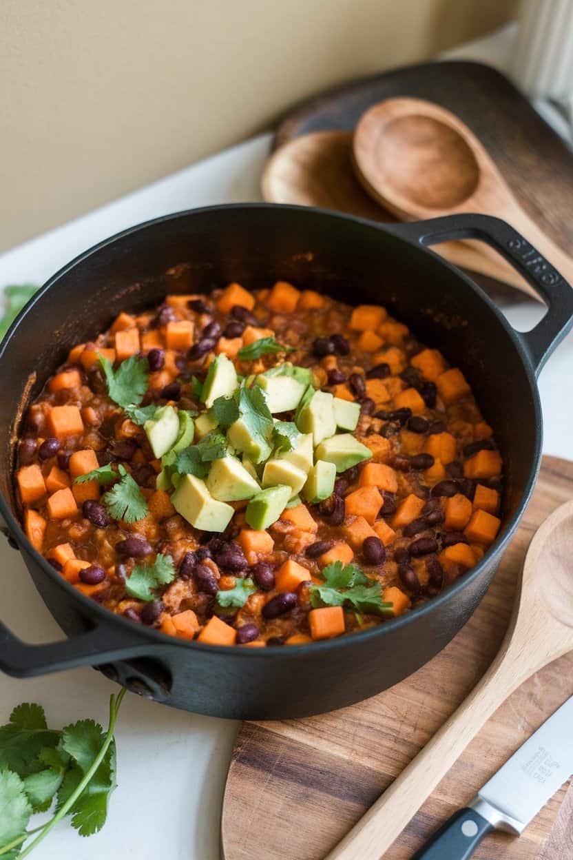 Indoor photo of a cast-iron pot filled with chunky sweet potato and black bean chili, topped with diced avocado and cilantro, no text or logos